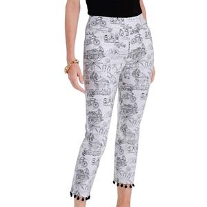 Chico's Cropped Pants Women Size 12 White Black Summer Vacation Pom Pom Brigitte